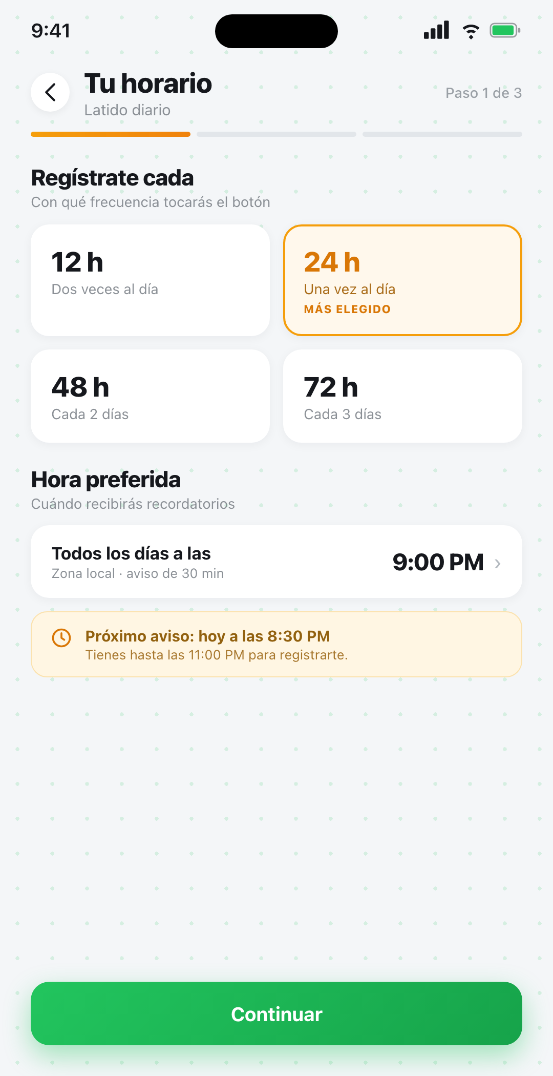 Pantalla de configuración de Beacon Safe mostrando el intervalo de registro de 72 horas que configura una senderista antes de perder la señal