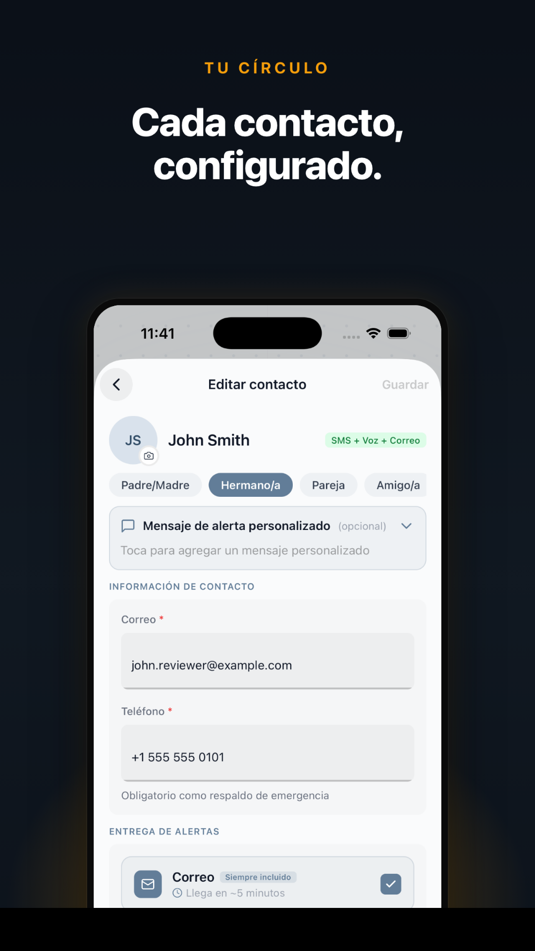 Pantalla de configuración de horario de Beacon Safe que muestra opciones de intervalo de registro de 12, 24, 48 y 72 horas con selector de hora de registro preferida
