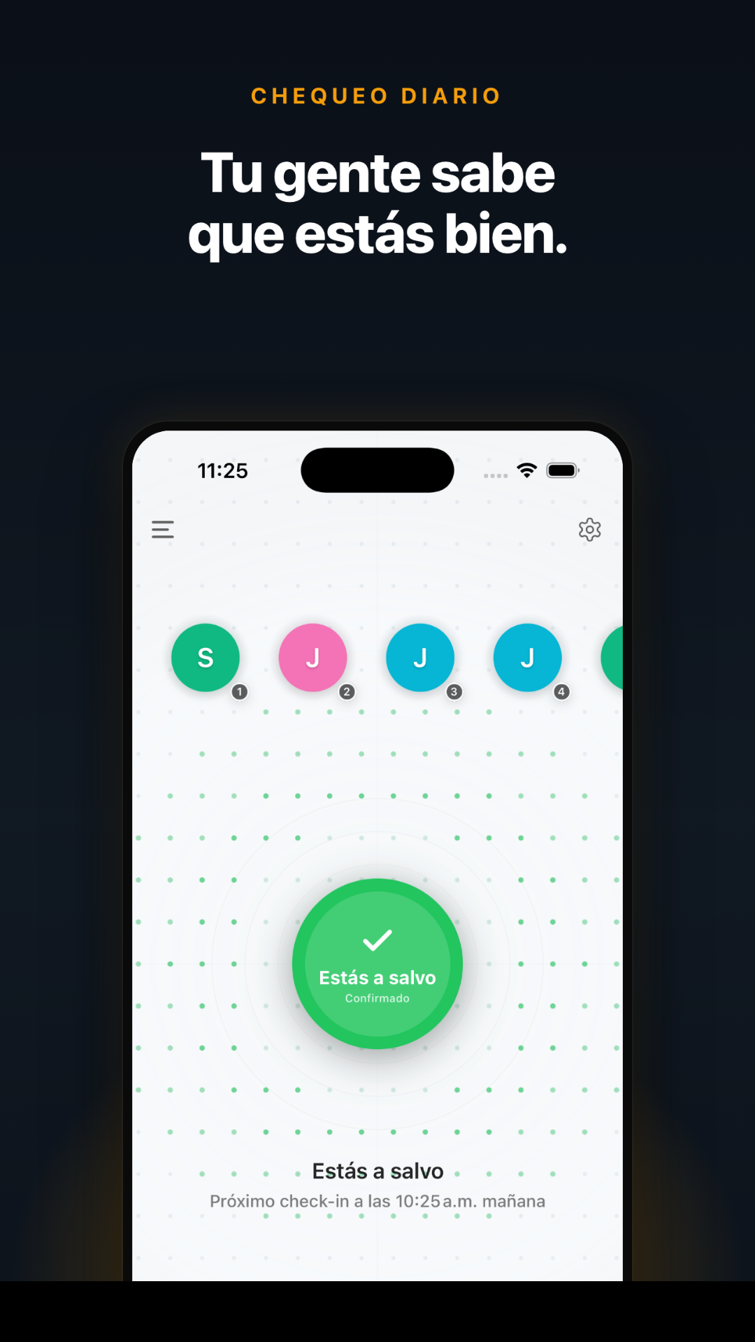 Pantalla principal de Beacon Safe mostrando el registro diario de un solo toque que usan los adultos jóvenes que viven solos