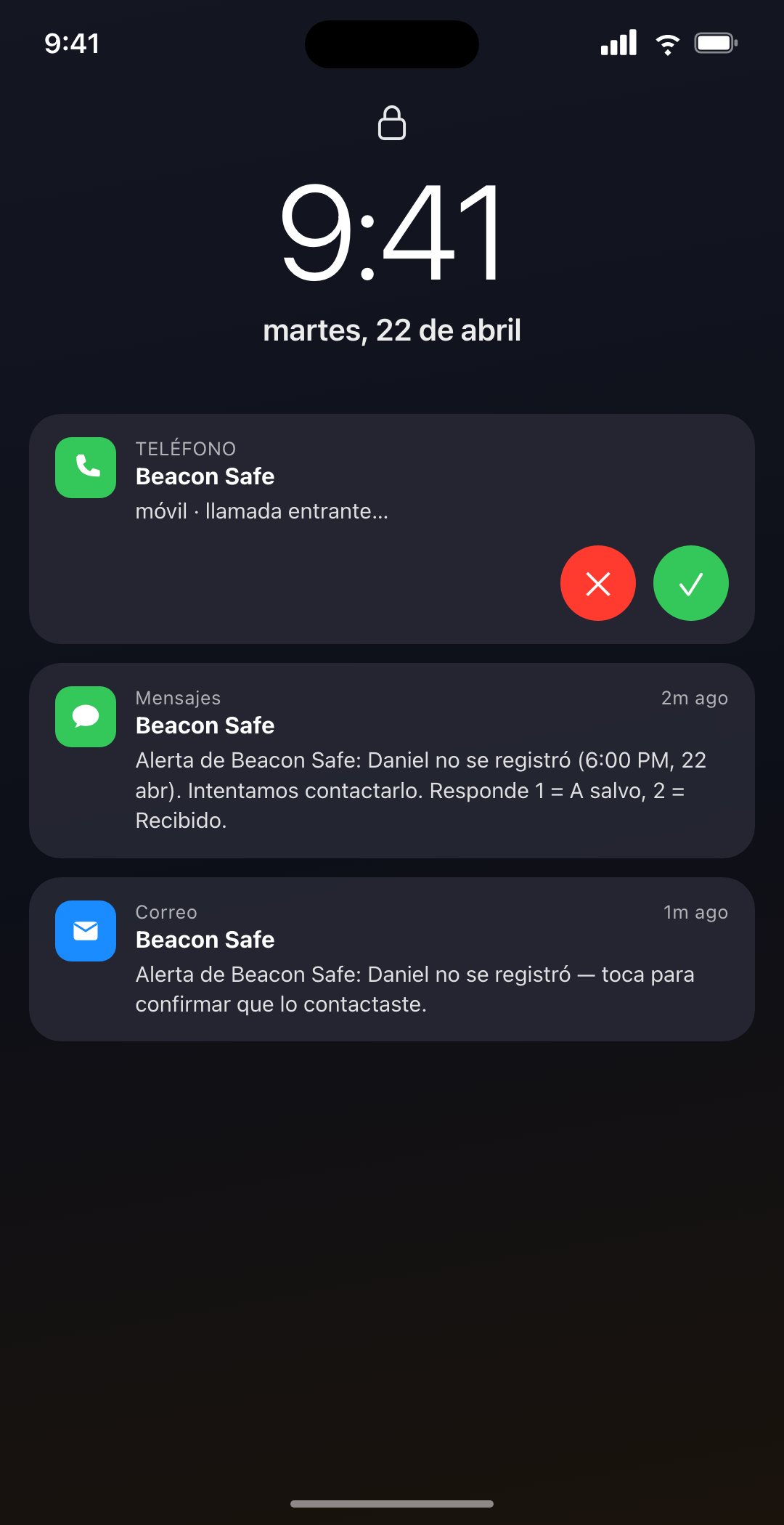 Pantalla de alerta de Beacon Safe con un registro omitido que se escala a los contactos de emergencia