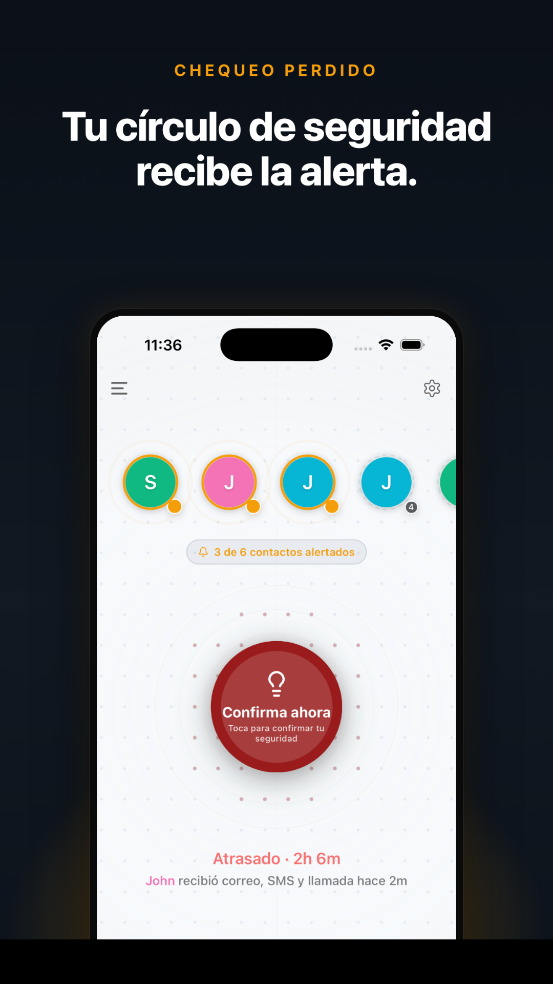Pantalla de alerta de Beacon Safe que muestra cómo se avisa a un contacto de emergencia por correo, SMS y llamada de voz tras un check-in perdido.