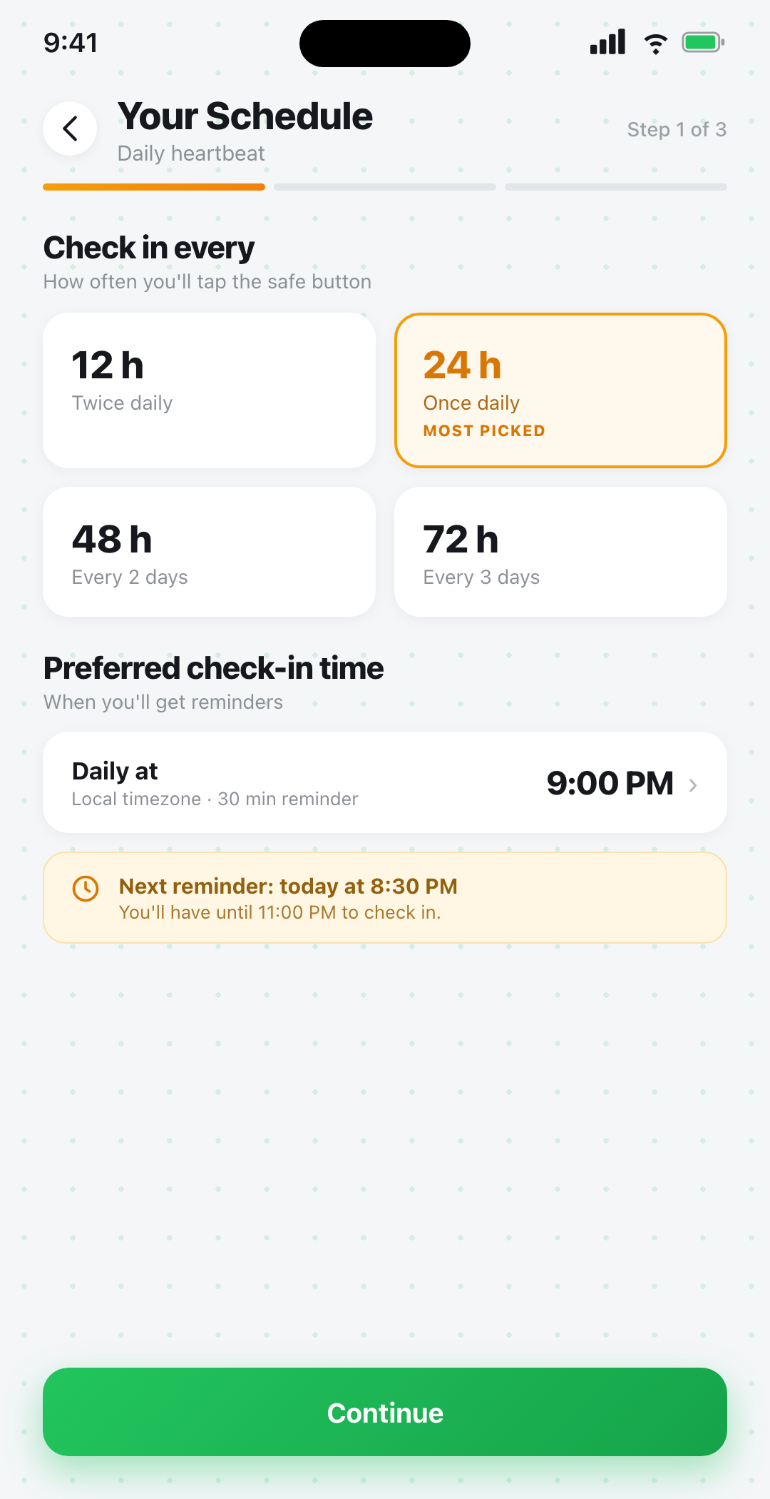 Beacon Safe schedule setup screen showing 12, 24, 48, and 72-hour check-in interval options with preferred check-in time picker