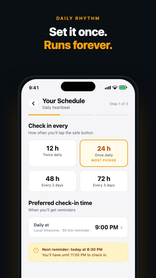 Beacon Safe setup screen where you choose your daily check-in time and how often to check in.