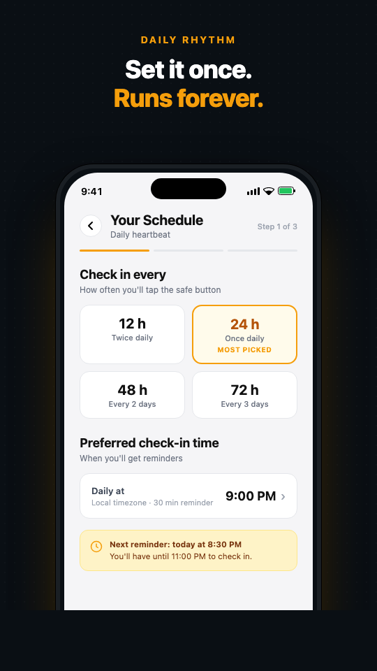 Beacon Safe schedule setup screen showing 12, 24, 48, and 72-hour check-in interval options with preferred check-in time picker