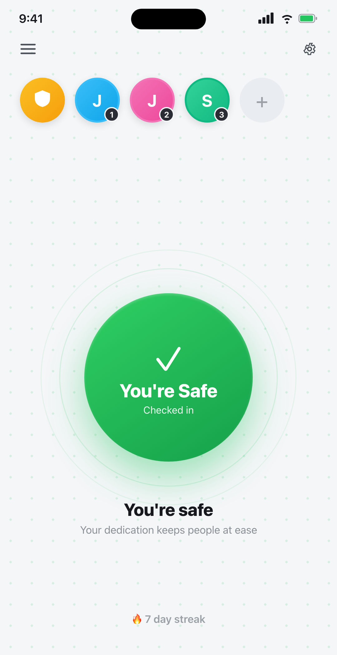 Beacon Safe home screen with daily check-in button and contact bubbles