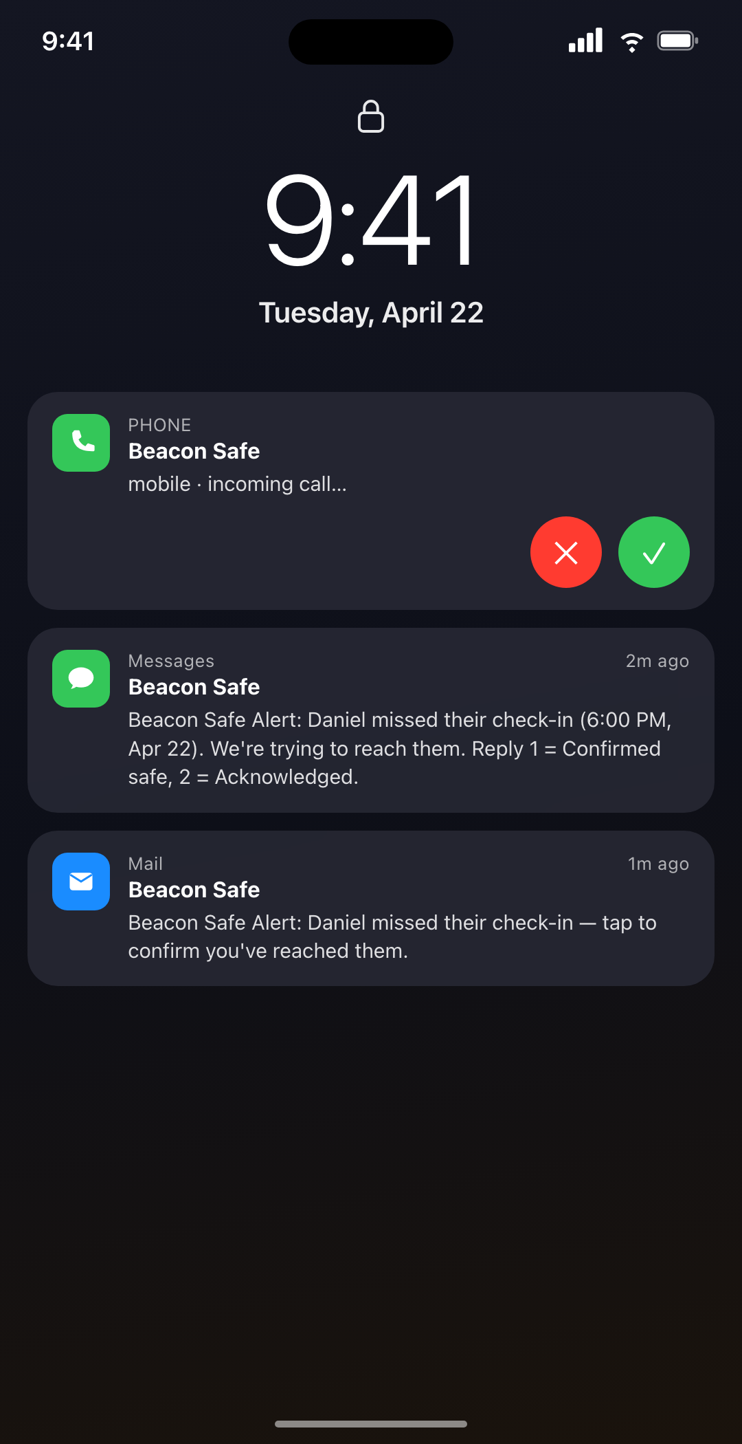Contact's lock screen showing Beacon Safe alert via SMS, email, and incoming voice call